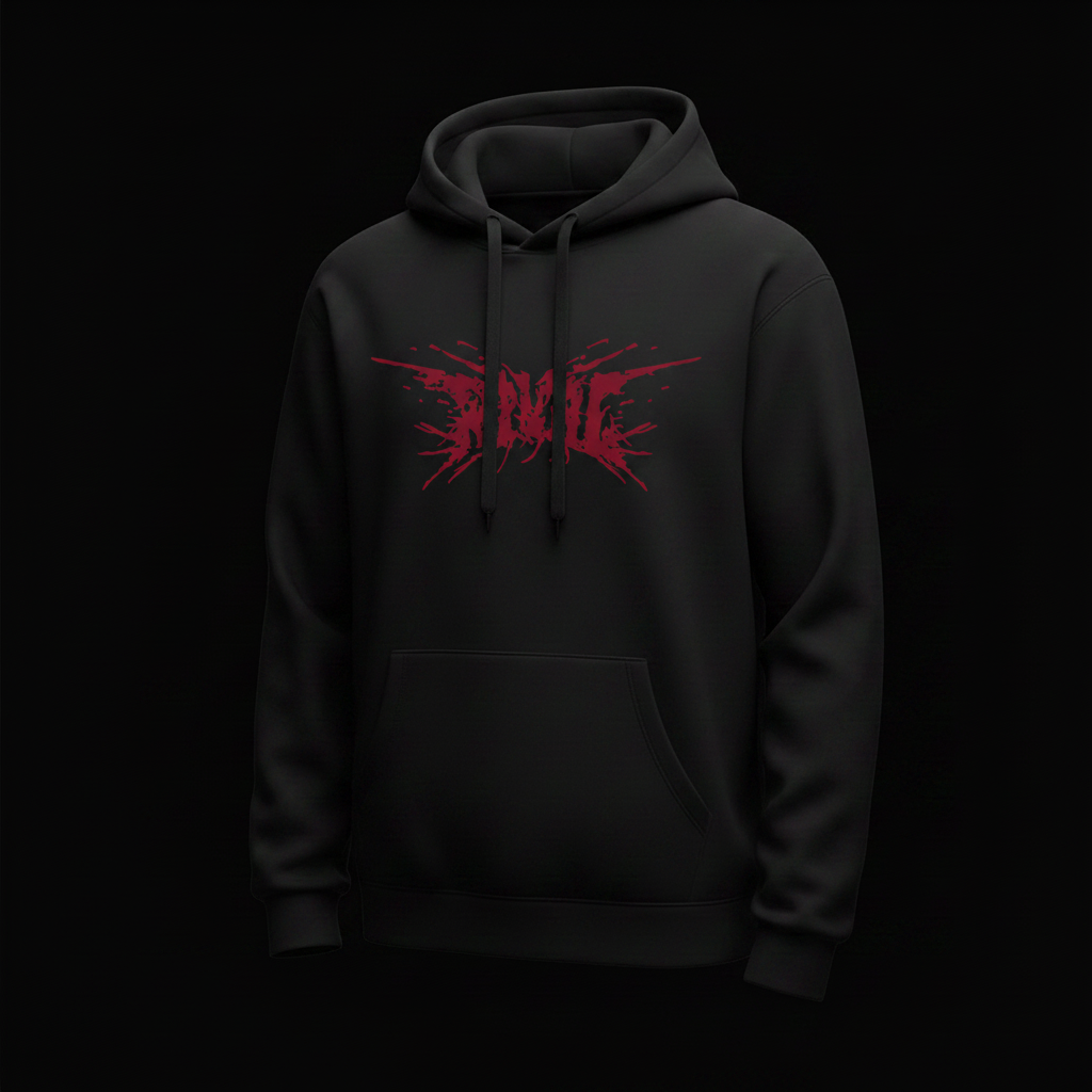 Black hoodie with crimson logo graphic