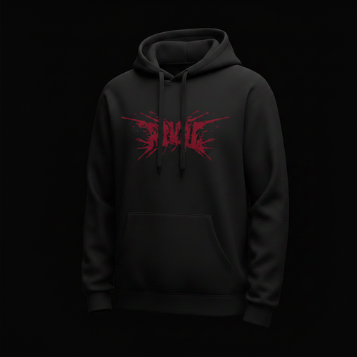Black hoodie with crimson logo graphic